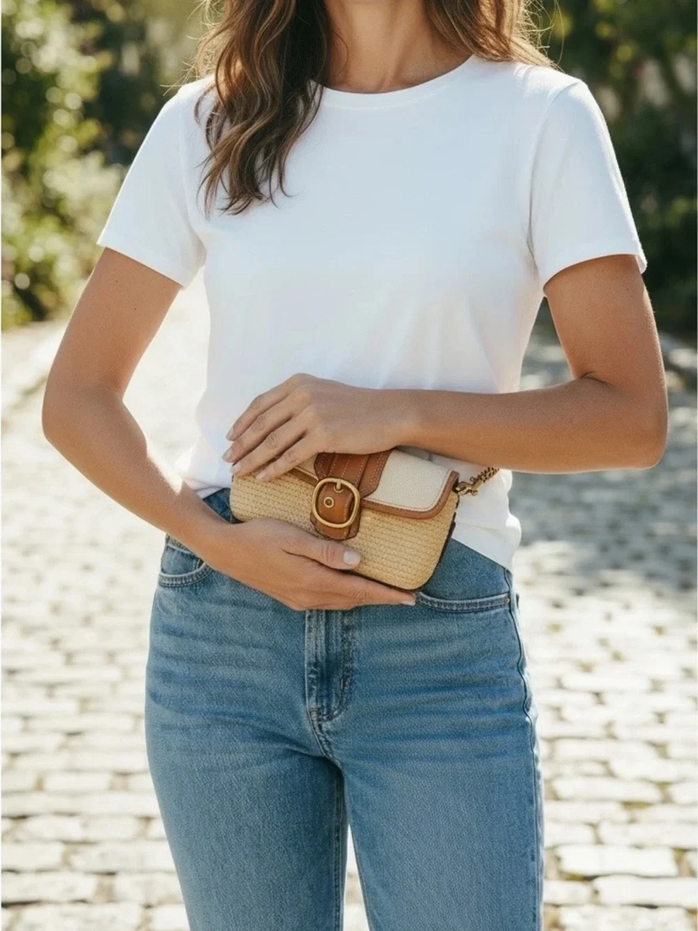 Coach Wristlet/Clutch Natural Woven Straw, Toffee Leather Trim, Cream Canvas